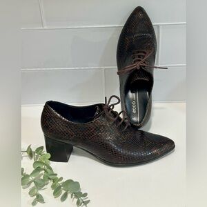 ECCO brown snakeskin finish leather point toe block heel booties shoes EU 38 New